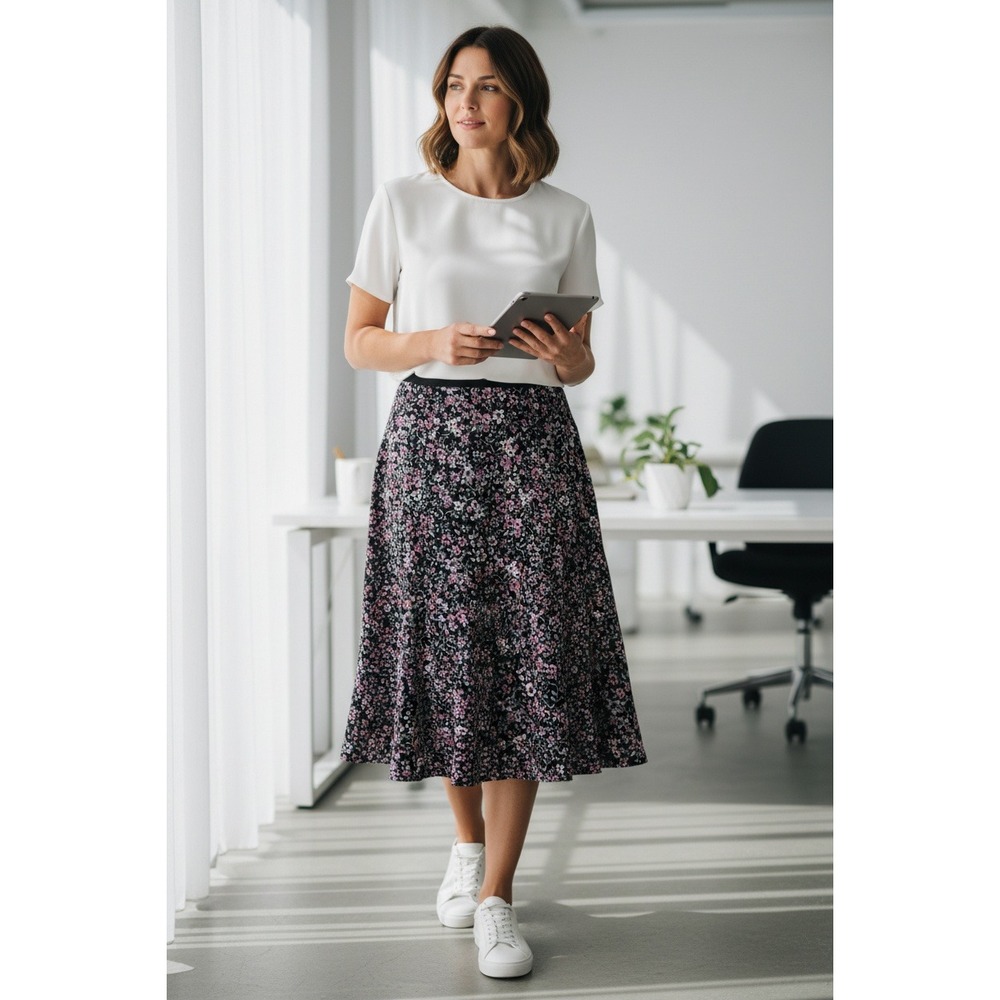 Casual Corner Annex Petite Stretch‎ Black Floral Midi Skirt Size L